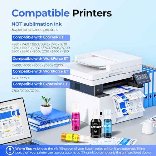 T502 502 Ink Refill Bottles ET-2850 ET-3850 Replacement for Epson 502 Ink Refill Bottles 4 Pack Compatible for Ecotank ET 2850 ET 3850 ET-4760 ET-2760 ET-3830 ET 15000 ET 4850 ET-3843 2750 Printer