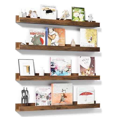 Vinyl Record Shelf Wall Mount 24 inch, Pack of 4 Album Record Holder Display, Wood Floating Shelves for Wall Decor, Album Shelves, Kids Bookshelf, Magazine Rack, Walnut