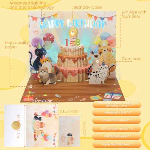 Musical Birthday Cards, Funny Pop Up Cat Birthday Card with Colourful Lights, Greeting Card with Blow Out Candles & DIY Numeric Ages, Birthday Cards for Kids, Boys, Girls, Men, Women, Wife, Cat Lovers