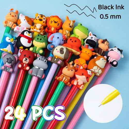 Cute Safari Animals Cartoon Gel Black Ink Pens,Random Kawaii Writing Pens,Assorted Styles Pens for School Office Home Student Kids Present (24)