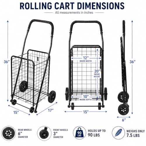 DMI Foldable Utility Cart with Wheels - Compact Grocery, Laundry & Stair Climber Trolley, Black - Current
