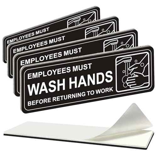 (4 Pack) Self-adhesive Employees Must Wash Hands Sign, 9" x 3" Durable Acrylic Hand Washing Signs with Symbols, for Business, Restaurant, Salons, Hotel, Motel, Rest Stops, Public Restrooms