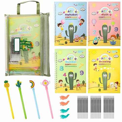 Premium Grooved Handwriting Practice for Kids, Reusable Children's Magic Copybook with Pencil Grips and Pouch, Large Size Calligraphy Workbooks Kit for Pre-School, Kindergarten(30 Refills)