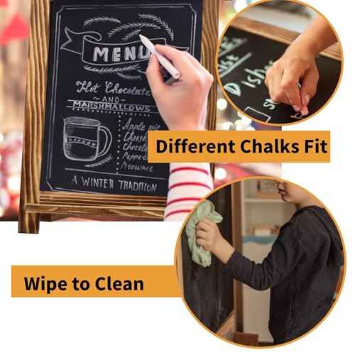 LotFancy 15"x12" Magnetic Chalk Board Sign, Small Wood Framed Tabletop Black Easel Chalkboard, Foldable Standing Ledge,1 White Chalk Pen 2 Magnets and Wall Hanging Kits Included,Rustic Brown