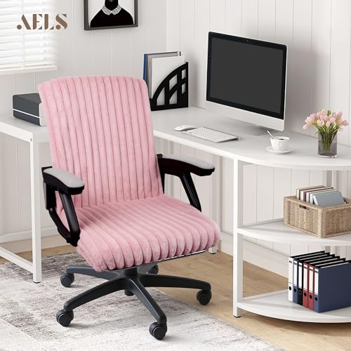 AELS Pink Faux Fur Striped Office Chair Cover with Tie Straps – Fits Most Desk Chairs