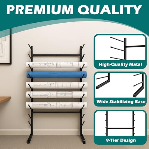 Royxen 9-Tier Blueprint Storage Rack Organizer,Heavy Duty Metal Blueprint Holder for Large Plans,Drawings and Maps Storage,Suitable for Construction, Art Print and Engineering(44¡°H x21.5 L x11.8 W)