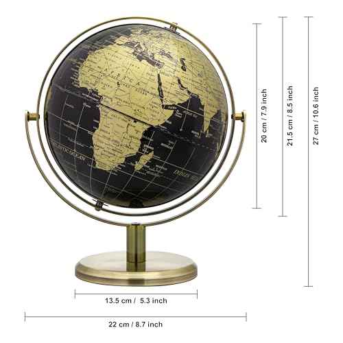 EXERZ 20cm Globe Black & Golden, All Direction 360 Rotating - World Globe Educational Geographic - Bronze Arc and Base. English Map.