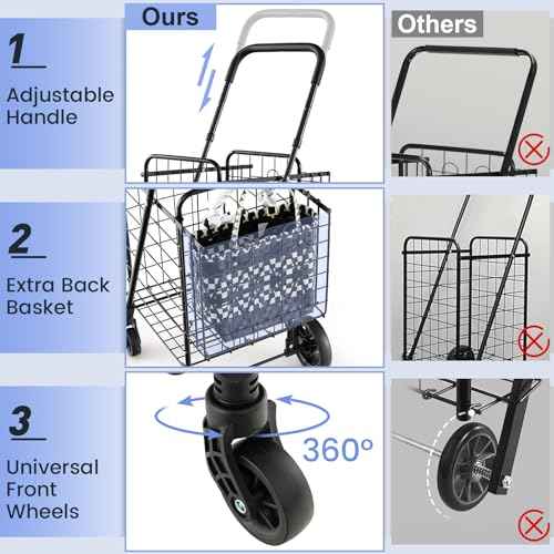 Goplus Folding Shopping Utility Cart, Double Basket and 360¡Æ Swivel Wheels, Adjustable Handle, Small Cart Perfect for Grocery Laundry Book Luggage Travel