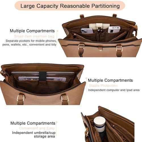 YZAOLL 15.6" Vegan Leather Laptop Bag for Women Lightweight Water-Resistant Work Tote & Briefcase for Travel,College,Office