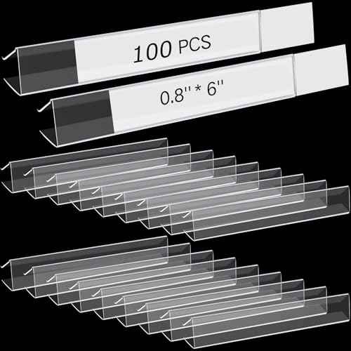 Teling 100 Pieces Shelf Label Holder, Clear Plastic 0.875'' x 6'' Shelves Clip Wood Tags Ticket Sign Label Metal Holders for 0.75'' Thick Shelves Includes Matched Blank Inserts Offices Libraries