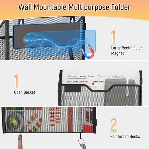 Docnest 3 Pack Magnetic Wall Mounted File Holders,Mesh Letter Organizer with Hooks, Magnetic Hanging Mail Paper Document Organizer for Office, Home, School, Black