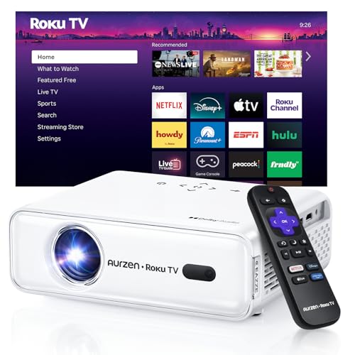 Aurzen D1R Smart Projector Bundle with Carrying Case, 1080P FHD, Roku Built-in, Dolby Audio
