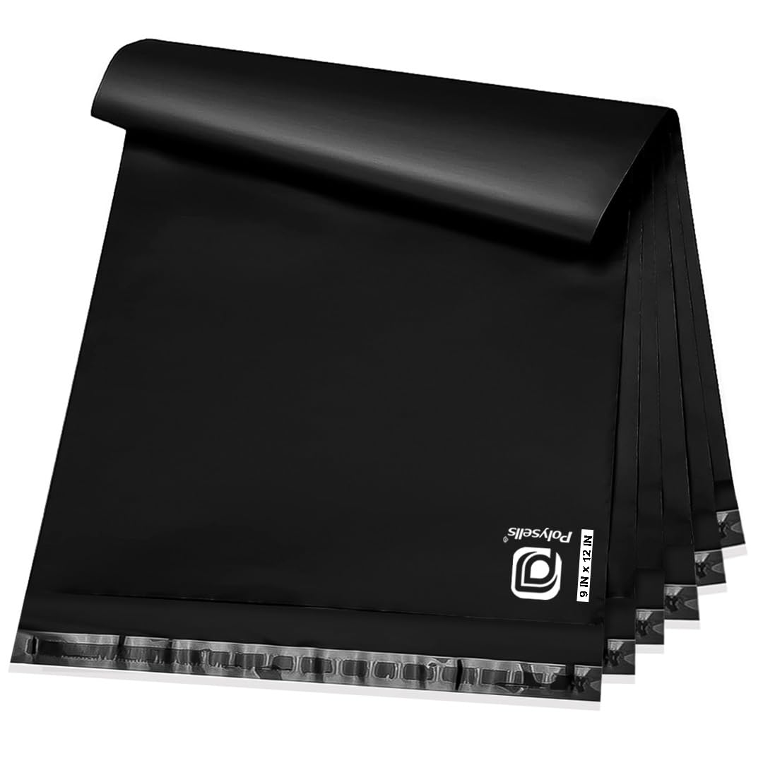 POLYSELLS 100 pcs 9x12 Inches Black Poly Mailers Shipping Envelopes, Strong Adhesive Sealing, Waterproof, and Tear-resistant Postal Mailing Bags for Clothing, Books, and Accessories