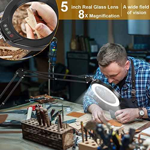 VEEMAGNI 5 Inch Large Magnifying Glass with Light and Stand, 5 Color Modes Stepless Dimmable, 2*16 Inch Swivel Arm LED Clamp Desk Lamp, Hands Free 8X Lighted Magnifier for Close Work Crafts Soldering