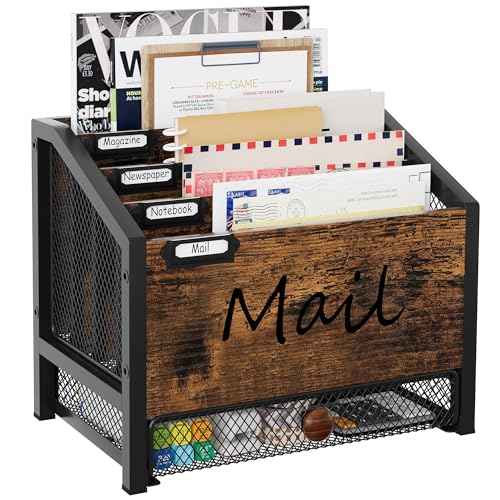 Mail Organizer - 4 Slots Wooden Desk Organizer with Mesh Drawer, Countertop Mail Receipt Business Card Holder, Vertical File Sorter Letter Tray, Black/Antique