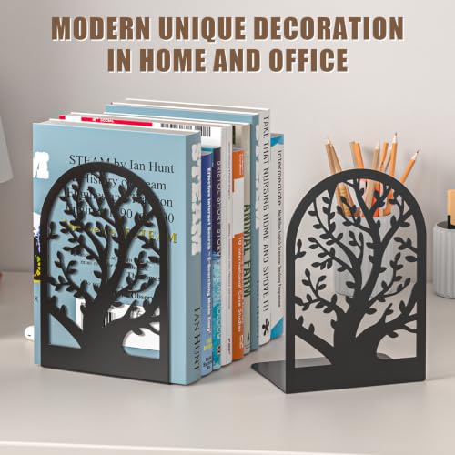 VFINE 2 Pairs Tree Book Ends - Black Metal Decorative Bookends for Shelves - Style-A