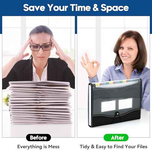 12-Pocket-Expanding File-Folder,Accordion-File-Organizer, A4/US Letter Size Paper Receipt Organizer Accordian Filing Folders (Black-T-12 Pockets)