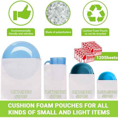 Moving supplies,200Pack Cushion Foam Pouches, Packing Supplies for Moving, Packing, Transportation and Storage, Incidental 120Fragile Stickers (16X16, 12X7.5, 10X10, 7.5X7.5)