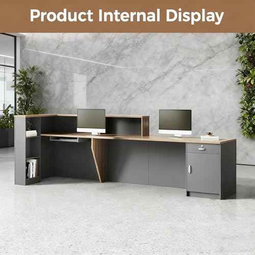 Modern L-Shaped Reception Desk with Hutch, Reception Counter Table, Lockable Drawer Door Cabinet, Office Wooden Computer Front Desk (European Oak+lron Gray-Right Cabinet, 71"L*24"W*41"H)