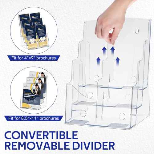 MYFULLY 3 Tier Acrylic Brochure Holder 8.5 x 11 Inch 2 Pack, Clear Literature Display Stand with Removable Divider for 4 x 9 Inch Pamphlets, Multi-Purpose Wall Mount or Countertop Organizer