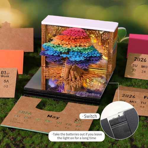 Timepiece Calendar 2026,DIY Paper Tear away Calendar,Unique Paper Sculpture Tree,Thanksgiving,Christmas,Housewarming,Office Desktop Decoration Notepad Gift (With Light)