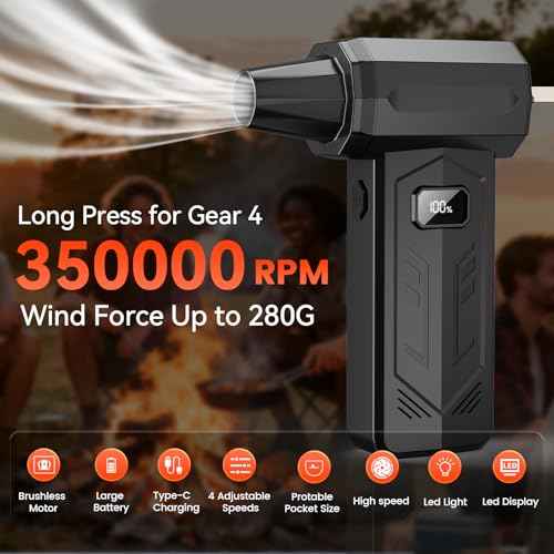 Compressed Air Duster,350,000RPM Turbo Jet Blower with LED Display and Light,4-Gear Adjustable Mini Air Broom,Electric Air Duster for Keyboard,PC,Car and Home,Replace Compressed Air Can (Black)