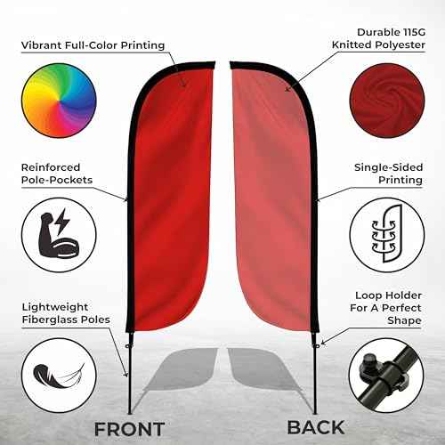 LookOurWay Feather Flag Pole Kit - 7 Feet Tall Advertising Flag Banner with Fiberglass Pole Set and Ground Spike for Business Promotion - Solid Colors - Red