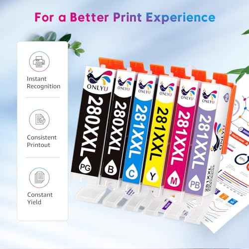 ONLYU Compatible Ink Cartridge Replacement for Canon 280 281 PGI-280XXL CLI-281XXL Ink 281 280 for Pixma TS9120 TS8120 TS8320 TS8220 TS8300 TS9120 TS 8100 Printer (6 Pack)