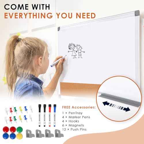 S SWANCROWN Magnetic Dry Erase and Cork Board Combo Hanging Whiteboard Notice Board for Wall Gift Home School Office, 36 x 24 Inches, with Maker/Pins/PenTray/Hooks