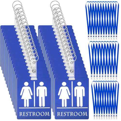 Tinlade 32 Set Bathroom Pass Restroom Hall Pass for Classroom with Keychain Holder with Lanyard PVC Unisex for Women Men, Blue