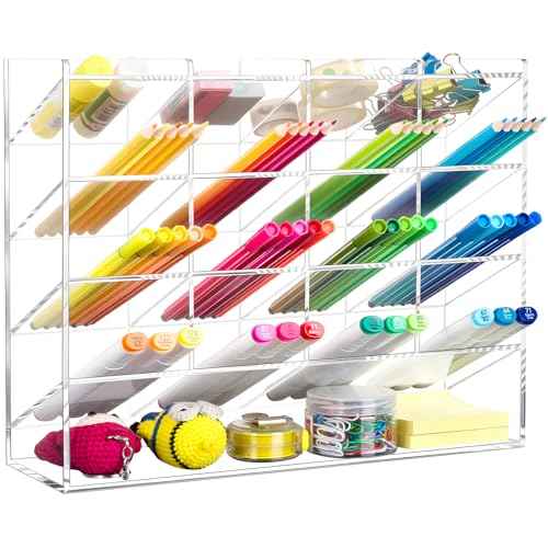 BEYGORM Acrylic Vertical Marker Organizer for 200 Markers with 17 Compartments, Clear Angled Pen & Pencil Holder, Large Desk Stationery & Art Supply Storage for Office & School (13 x 10.2 x 4 Inch)