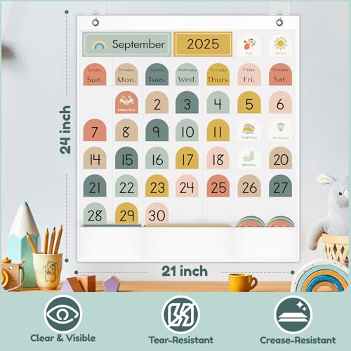 Classroom Monthly Calendar Pocket Chart for Kids Learning, 105 Cards Wall Boho Calendar and Weather, Teacher Supplies for Kindergarten Preschool Elementary Homeschool