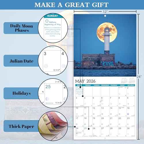 2026 Wall Calendar - Moon Calendar 2026, Jan. 2026 - Dec. 2026, 12" x 24" (Open), 2026 Calendars, 12-Month Wall Calendar with Moon Phases, Perfect for Office & Home