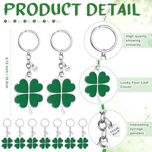 48 Sets St Patrick's Day Gifts for Employee Good Luck Ballpoint Pens Shamrock Ballpoint Pens Four Leaf Clover Keychains with Thank You Cards for Team Staff Teacher Coworker