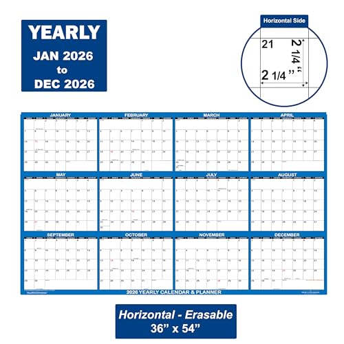 36" x 54" SwiftGlimpse 2026 Wall Calendar Erasable Large Wet & Dry Erase Laminated 12 Month Annual Yearly Wall Planner, Horizontal, Navy