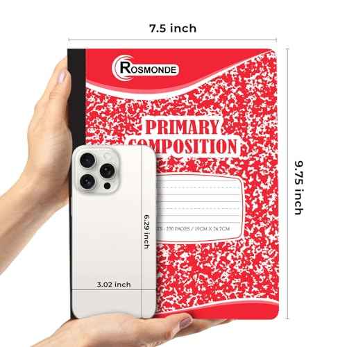 Rosmonde 5 Pack Primary Composition Notebook, 200 Pages (100 Sheets), Drawing Story Journal Writing Notebook, 9-3/4 x 7-1/2, Primary Composition Notebook for Kids, Grades K-2, With Header For Drawing