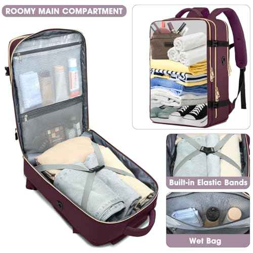 Large Carry On Travel Backpack - Flight Approved Waterproof Luggage Suitcase Backpack Personal Item Size for Women Men Fit 17 Inch Laptop College Overnight Bag Anti-Theft Weekender Daypack Dark Purple