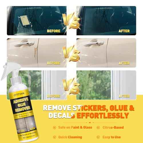 Adhesive Remover - Powerful Sticker & Glue Remover Spray for Cars, Removes Labels, Stickers, Decals, Tape Residue from Car Glass, Paint & Windows with Scraper, Razor Blades, and Towel - 3.4oz/100ml