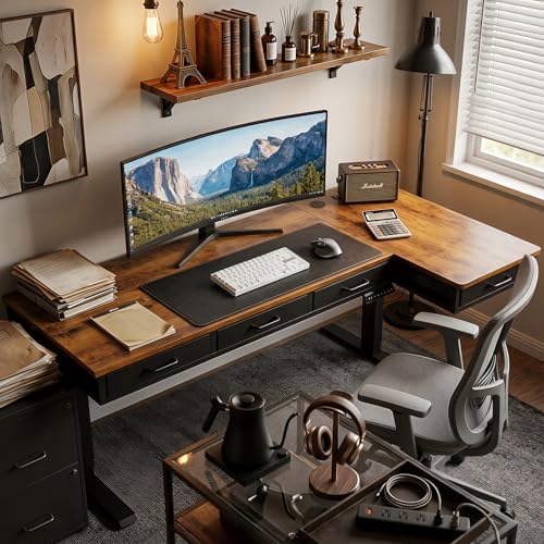 OffiGo 63 Inch Rustic Brown L-Shaped Electric Standing Desk with 4 Drawers