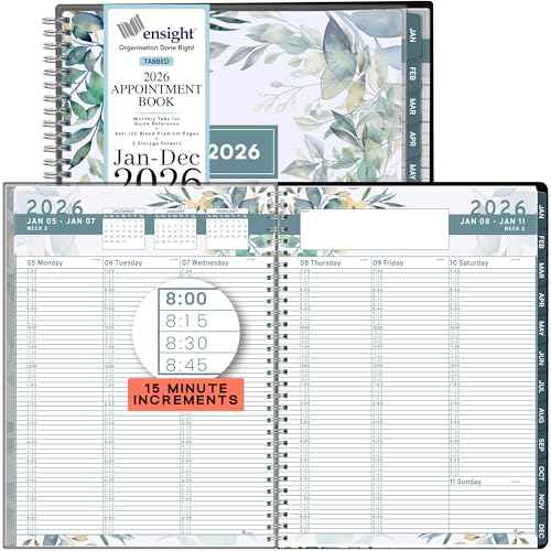 Ensight 2026 Appointment Book and Planner 8.5" x 11" Large Hourly Weekly Daily Schedule Planner with Tabs, 15 Minute Time Slots, Floral Calendar Organizer Jan 2026 ? Dec 2026 Appointment Book - Floral