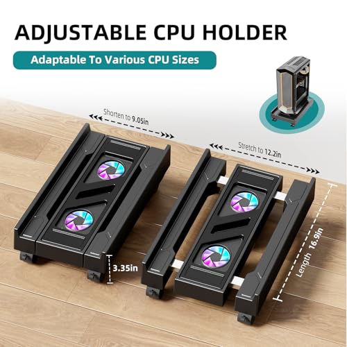 CABTE Black Computer Tower Stand with Adjustable Width, 88 lb Capacity & Built-In Cooling Fan