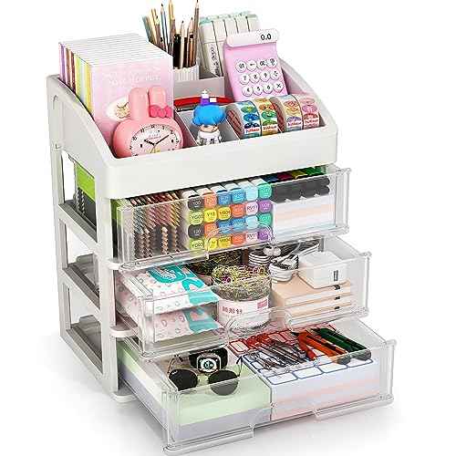 Desk Organizer with Drawers, 3 Drawers Storage Organizer, Desktop Storage Drawers for Office/School Supplies, Plastic Stationary Makeup Organizer, Desk Storage Box for Office, School, Home