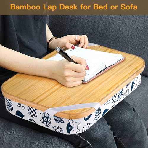 Mayjoy Bamboo Lap Desk with Storage, Cover Removable Lap Desk for Lap, Computer Laptop Stand on Lap, Work on Bed or Couch, Write or Draw on Your Lap (White Kitten)
