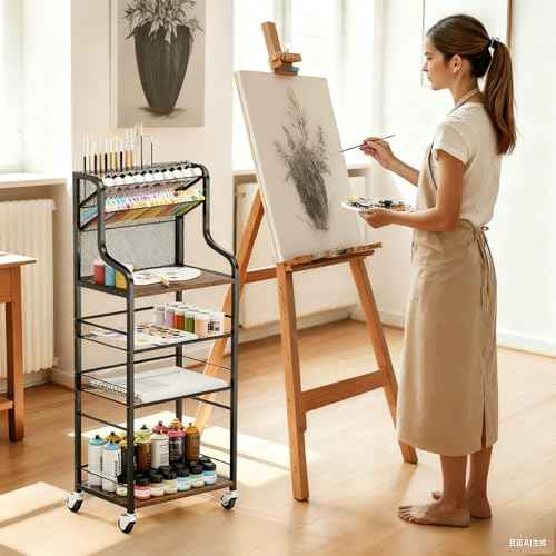 4 Tier Rolling Utility Cart with 360¡Æ Lockable Wheels, Art Supply Storage Organizer for Art Studio, Metal Paint Craft Cart for Paint, for Home and Office