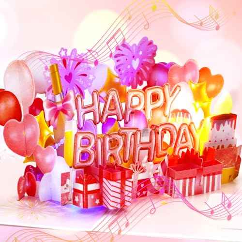 Ribbli Birthday Cards, Rose Pink Pop Up Birthday Card with Light and Music for Women Mom Daughter Girlfriend Wife, 7.9 x 5.9 Inches with Envelope
