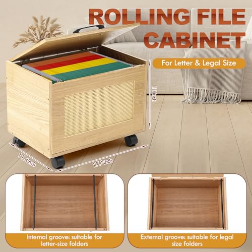 Rattan File Cabinet Hanging File Organizer Box with Lid Rolling Wicker Filing Cabinet for Home Office for Letter/Legal Size