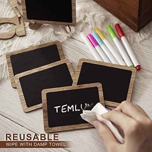 Temlum 15 Pcs Mini Chalkboard Sign with 6 Color Chalk Markers, 2.9¡È x 3.9¡È Wooden Blackboard Reusable Small Chalkboards for Food, Buffet, Message Board, Table Number (Rustic Brown)