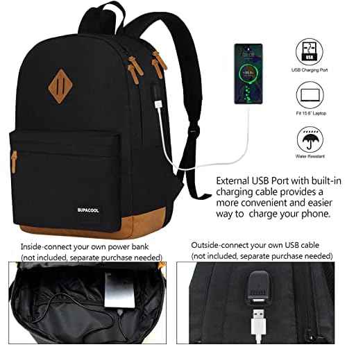 SUPACOOL Casual Laptop Backpack, Lunch bag, Pencil bag, School backpack with USB Port for Men and Women, Bookbag for Boys and Girls, Backpack Set(3PCS Black)