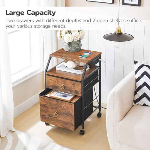 HOOBRO 2-Drawer Mobile File Cabinet, Filing Cabinet with Charging Station, Printer Stand with Open Storage Shelf, for A4/Letter Size, Home Office, Nonwovens Drawer, Rustic Brown and Black BF10UWJ01
