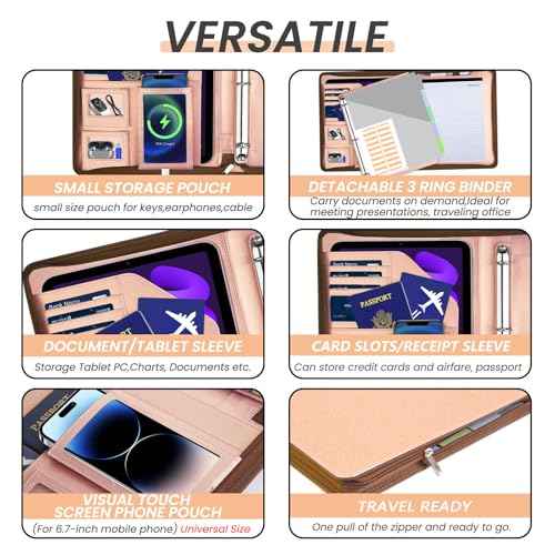 Leather Padfolio Portfolio with Clipboard Storage, Removable 3 Ring Binder 1 Inch Zipper Binder, Document Organizer for Women Men with Notepad, 5 Pocket Dividers, Pen Holder, Rose Gold